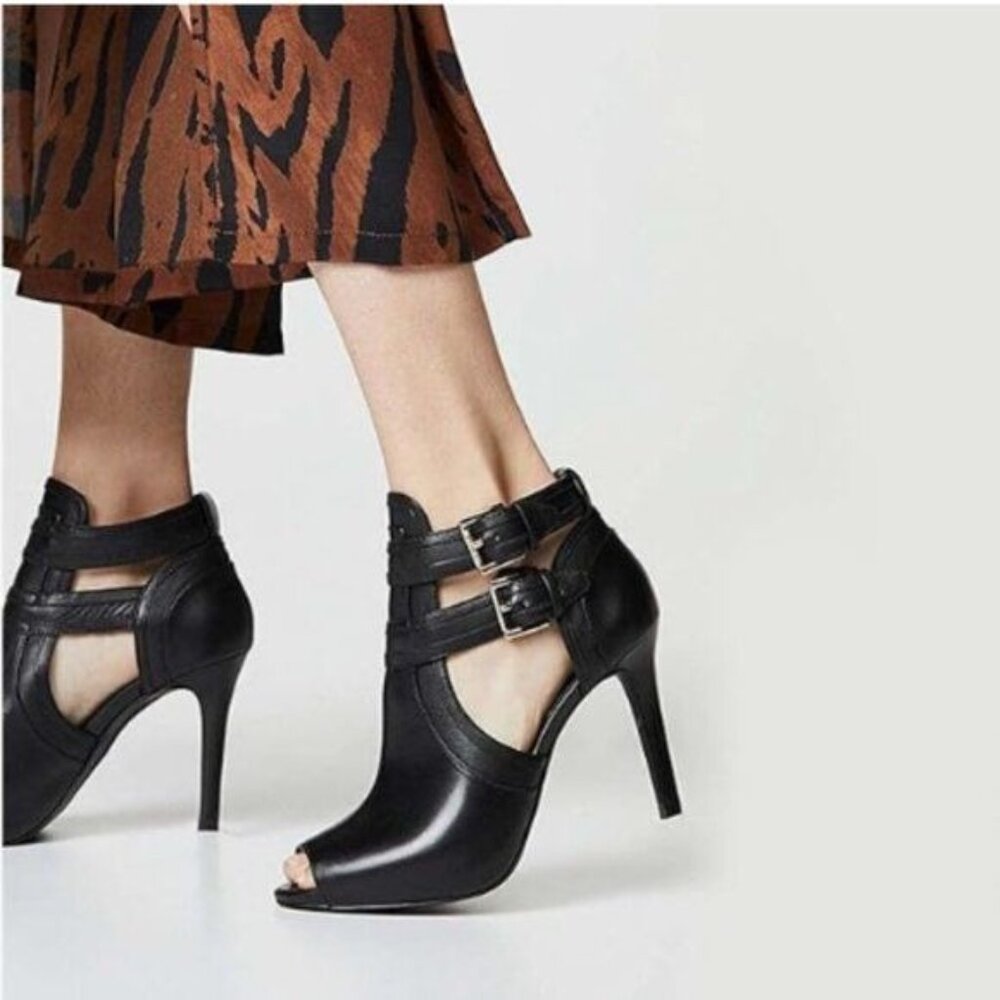 XYD Black Peep Toe Ankle Bootie High Heels Buckled Double Straps Cutout Shoes